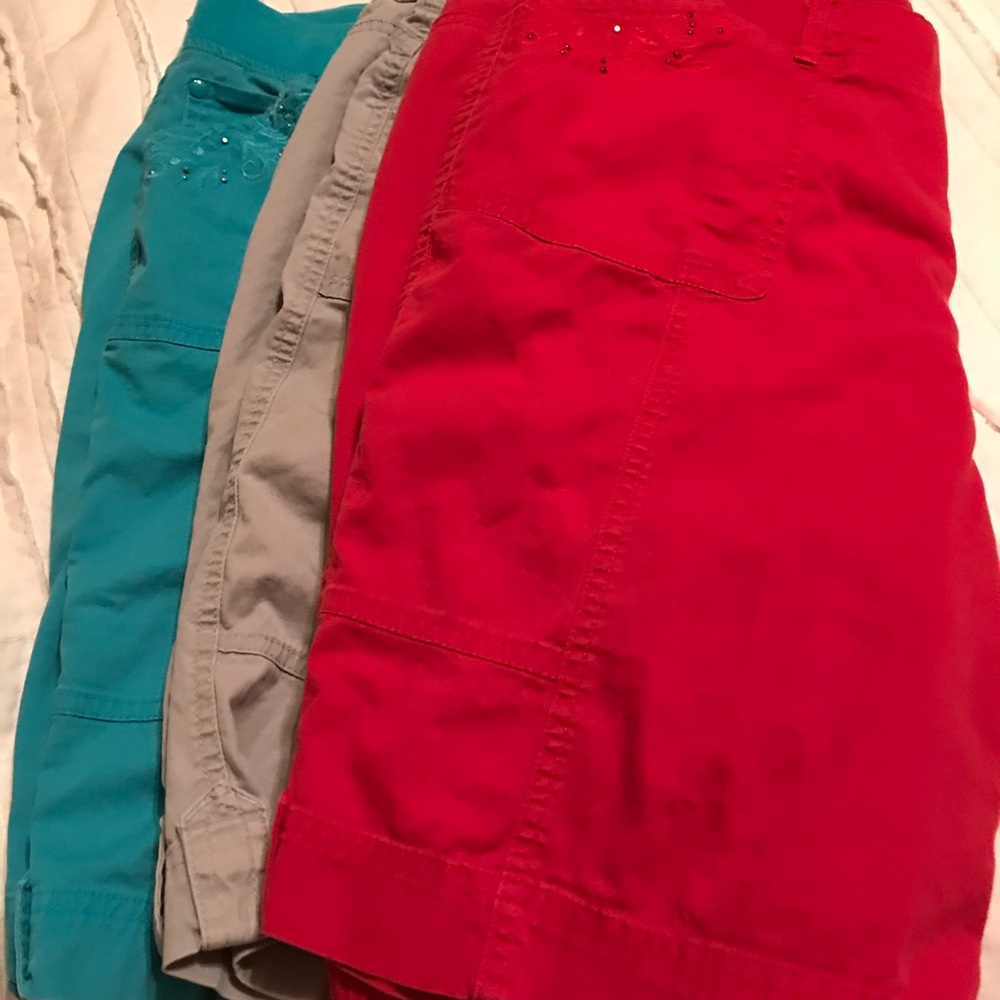shorts/bling on front pockets.  Stretchy waist.